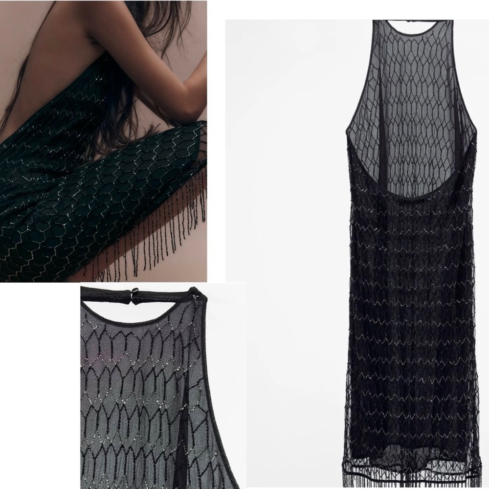 Zara Festive days limited collection black silver beaded fringe midi dress L NWT